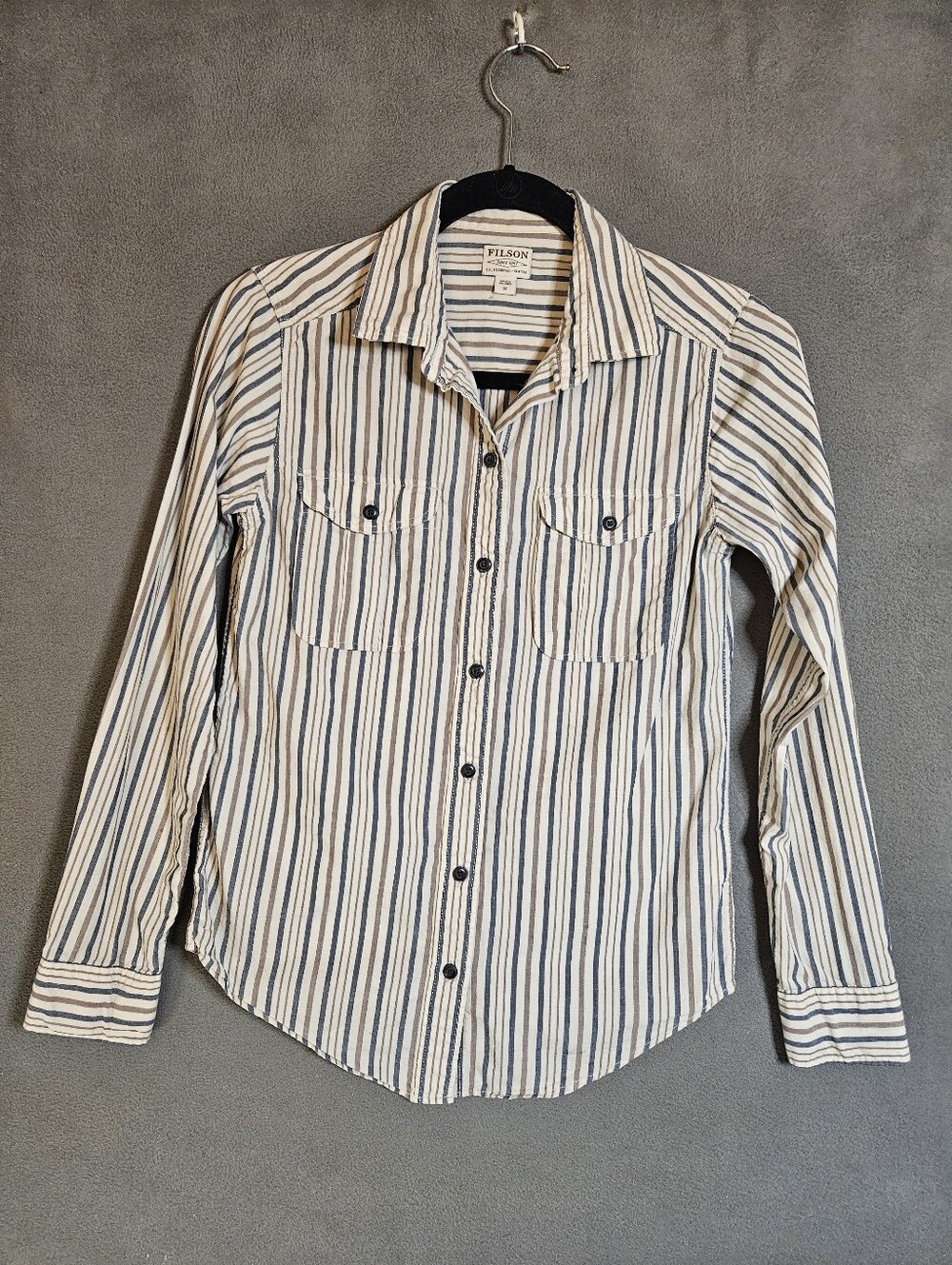 Filson Kadin Island Long Sleeve Button Up Striped Shirt Blue White Womens XS